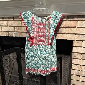 Savanna Jane flutter sleeve print top, green/red, size Large, EUC
